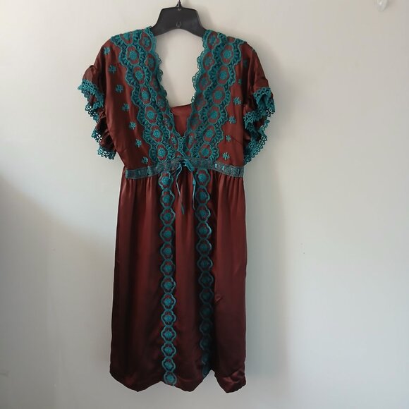 VTG Betsey Johnson Size‎ 8 Women's 100% Silk Dress Brown Blue Crochet Midi Lined - Picture 1 of 16